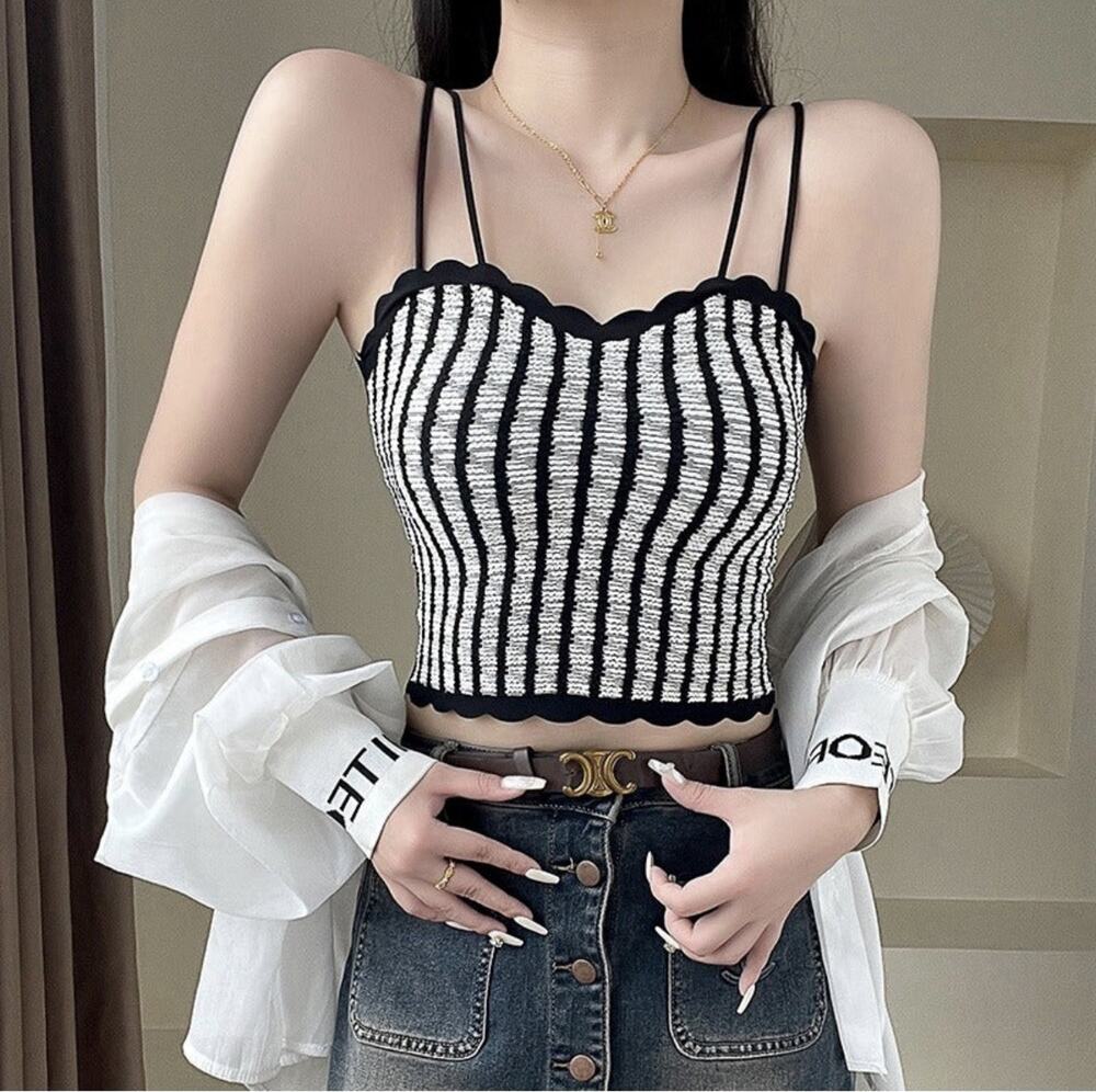 Unbranded Black White Stripped Cropped Camisole Top Padded Bra Sz M Y2K